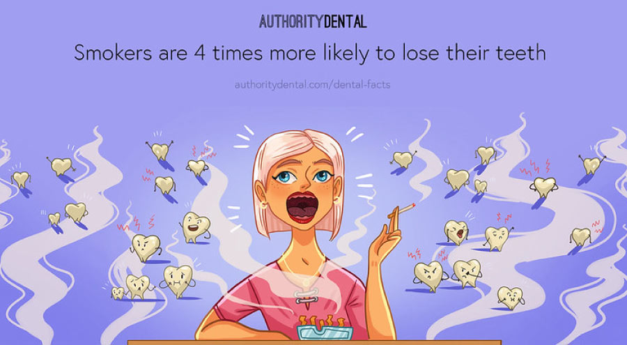 Cartoon stating that smokers are 4 times more likely to lose teeth. 