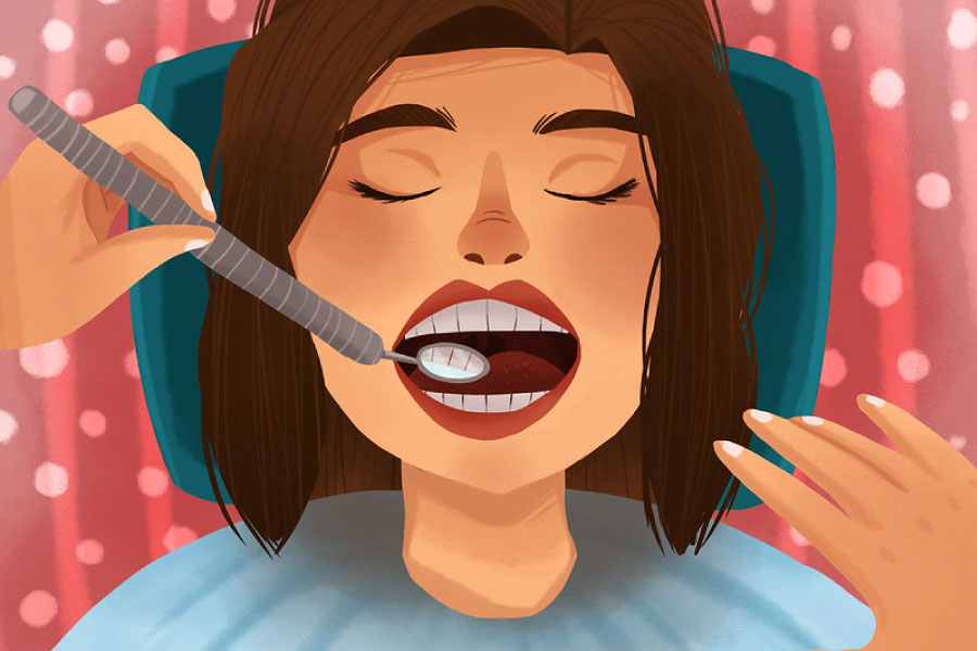 Cartoon of a woman in the dental chair getting an exam.