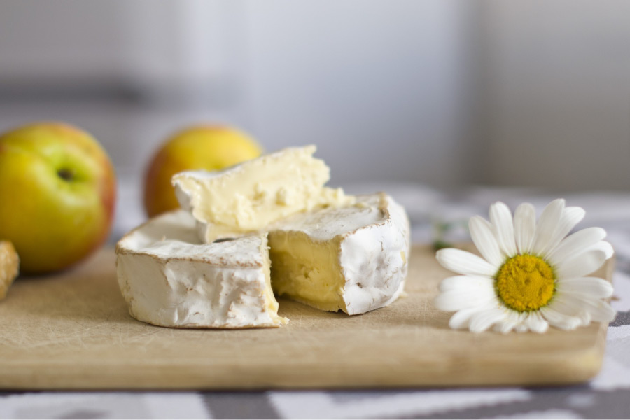 Tray with apples, cheese and a daisy.