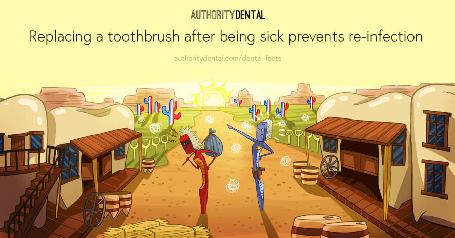 Graphic illustration recommending patients change out their toothbrush after illness to prevent reinfection.